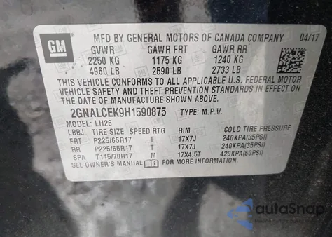 2017 Chevrolet Equinox Lt z USA, uszkodzony, nr VIN 2GNALCEK9H1590875